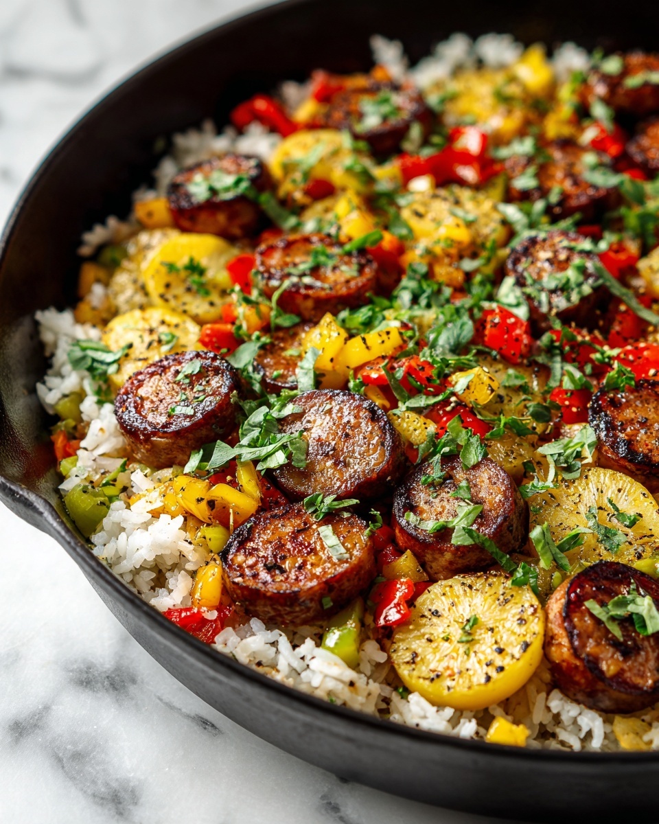 Summer Sausage Skillet with Andouille and Vegetables topped with Basil Cilantro Crema Recipe - Recipe Image