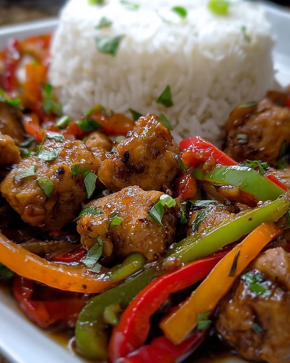 Sizzling Garlic Chicken Stir-Fry with Peppers & Steamed Rice Recipe - Recipe Image