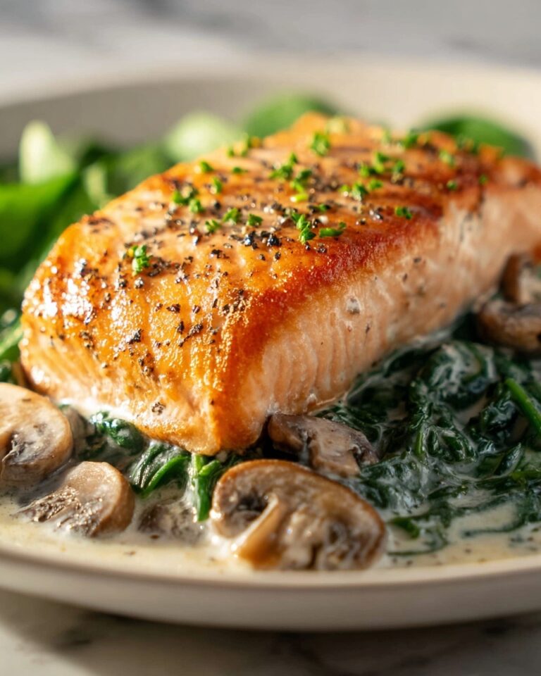 Garlic Butter Salmon with Spinach and Mushrooms in Creamy Sauce Recipe