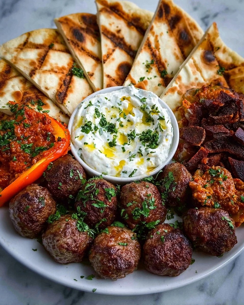 Greek Platter with Spicy Feta Wedges, Lamb Meatballs, Tzatziki, and Toasted Pitta Recipe - Recipe Image