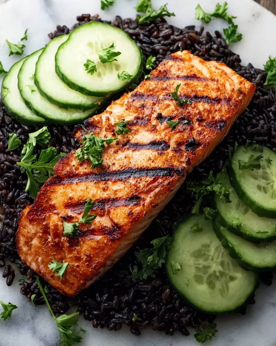 Grilled Salmon with Black Rice and Creamy Cucumber Salad Recipe - Recipe Image