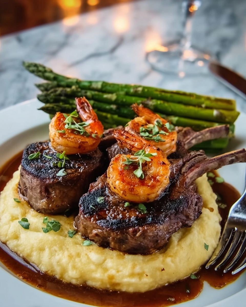 Succulent Lamb Chops with Lobster Mashed Potatoes and Roasted Asparagus Recipe - Recipe Image