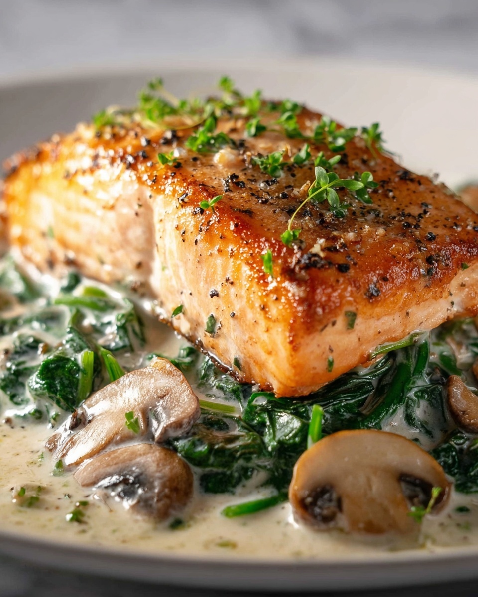 Garlic Butter Salmon with Spinach and Mushrooms in Creamy Sauce Recipe - Recipe Image