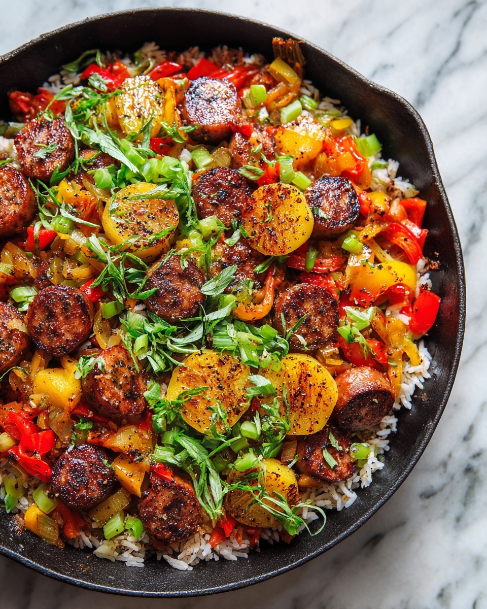 Summer Sausage Skillet with Andouille and Vegetables topped with Basil Cilantro Crema Recipe - Recipe Image
