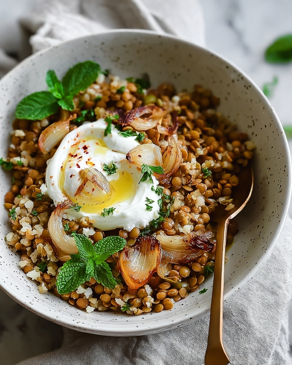 Mujaddarat Bulgur with Cucumber Mint Yogurt Recipe - Recipe Image