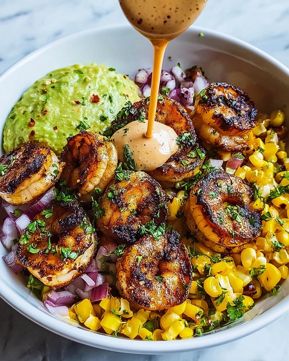 Grilled Shrimp Bowl with Avocado, Corn Salsa & Creamy Sauce Recipe - Recipe Image