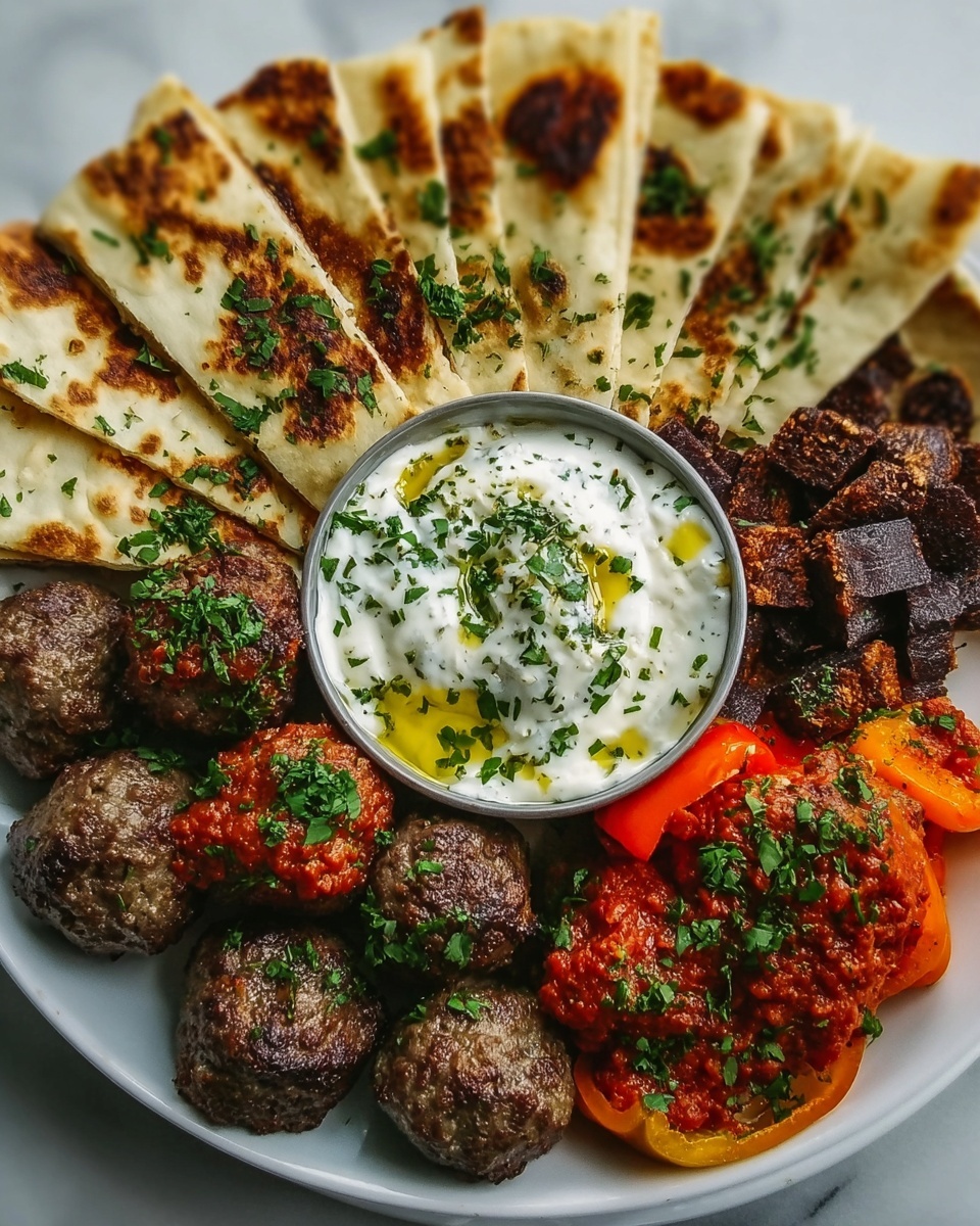 Greek Platter with Spicy Feta Wedges, Lamb Meatballs, Tzatziki, and Toasted Pitta Recipe - Recipe Image