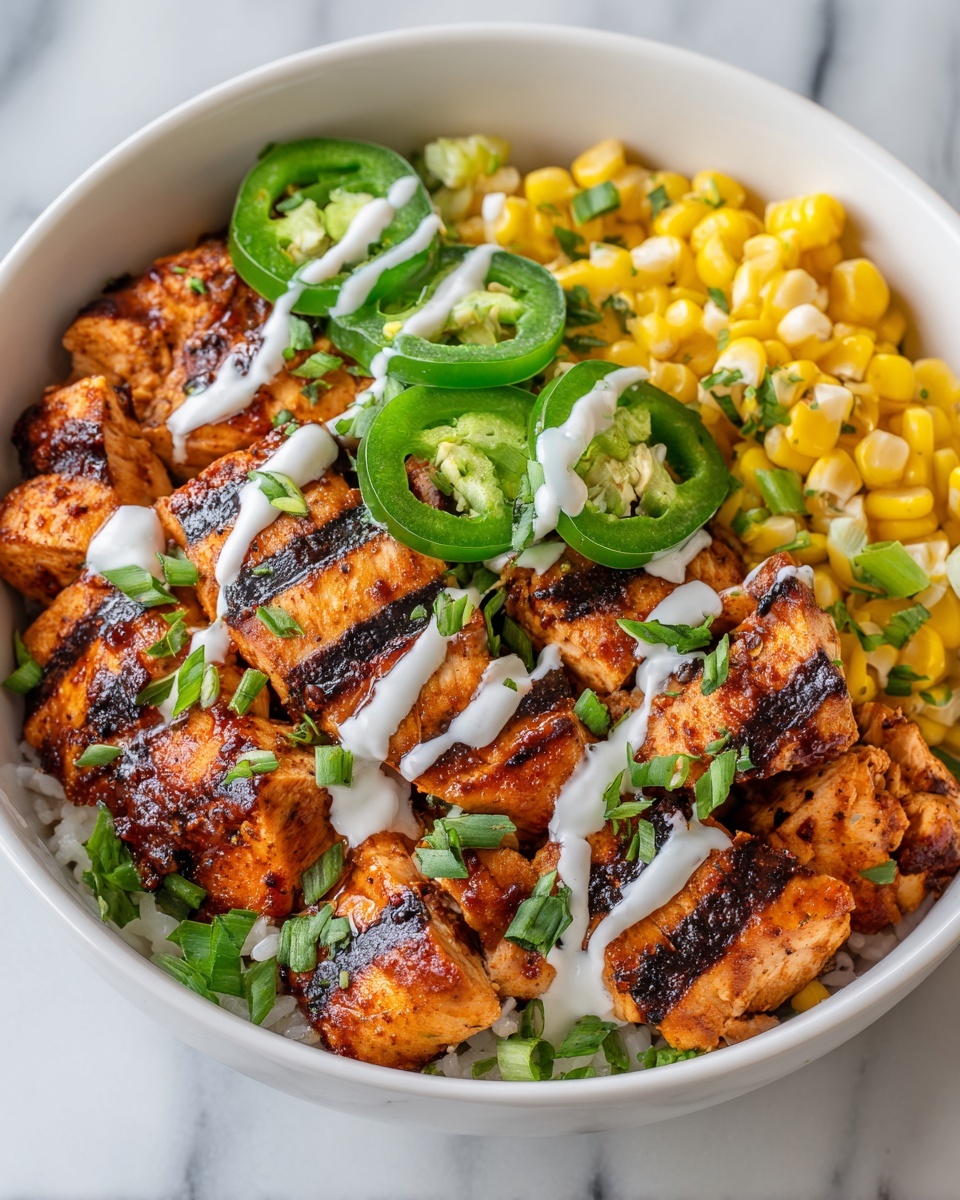 Grilled Chicken Bowl with Corn, JalapeƱos & Creamy Sauce Recipe - Recipe Image