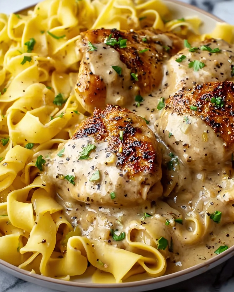 One-Pan Creamy Garlic Butter Chicken with Egg Noodles Recipe - Recipe Image