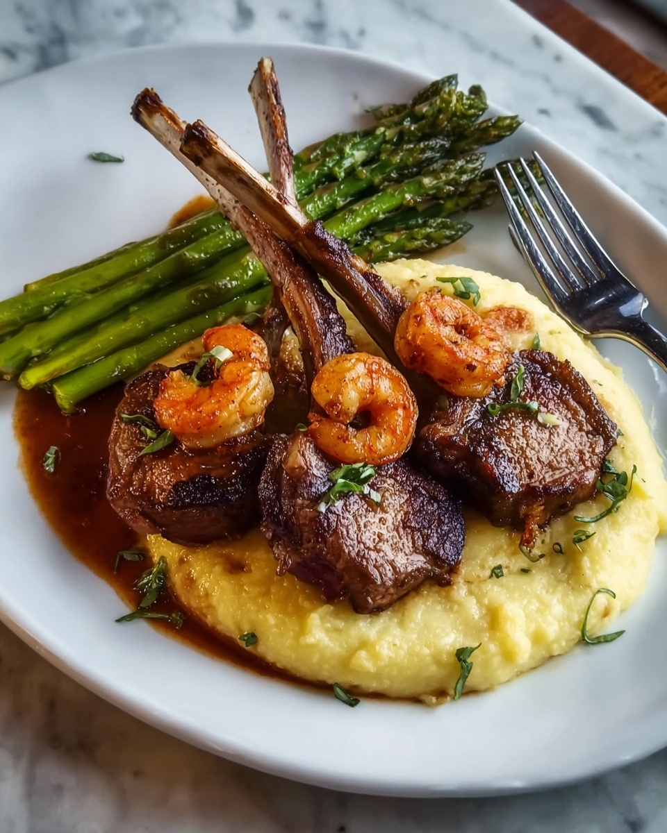 Succulent Lamb Chops with Lobster Mashed Potatoes and Roasted Asparagus Recipe - Recipe Image