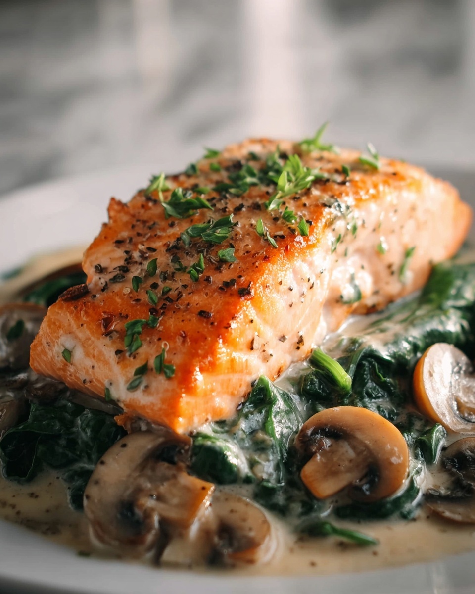 Garlic Butter Salmon with Spinach and Mushrooms in Creamy Sauce Recipe - Recipe Image